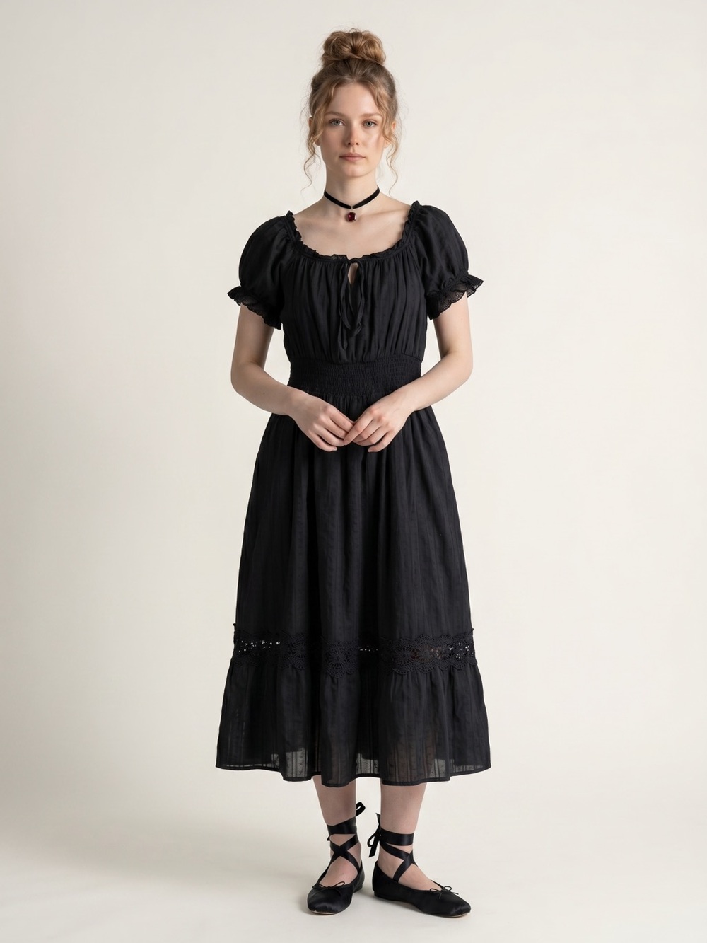 Scarlet Darkness Black Renaissance Midi Dress 2XL Puff Shoulder Eyelet Lace Trim